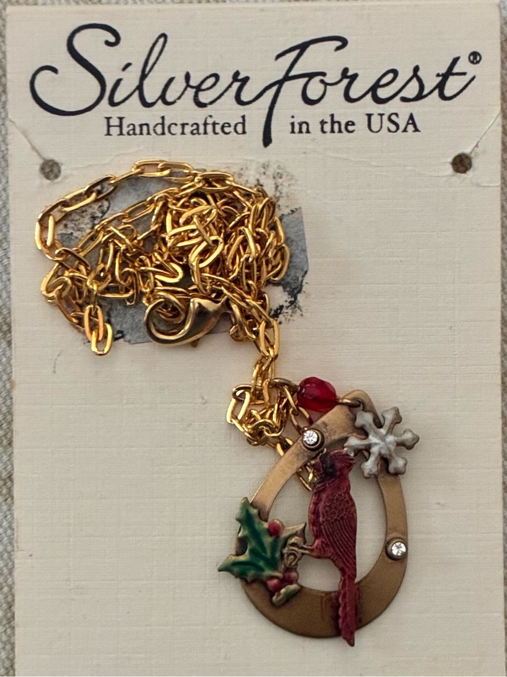 Silver Forest Cardinal Necklace with Holly Handcrafted 18" Surgical Steel USA